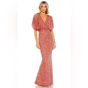 Mac Duggal Draped Sleeve V Neck Gown Paprika